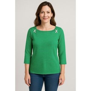 Lauren Ralph Lauren Top Womens Large Green Tee Shirt Boat Neck Stripe Cotton